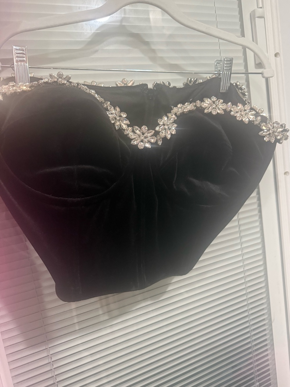 Nadine Merabi Black Velvet Strapless Corset Top with Crystal Floral Trim